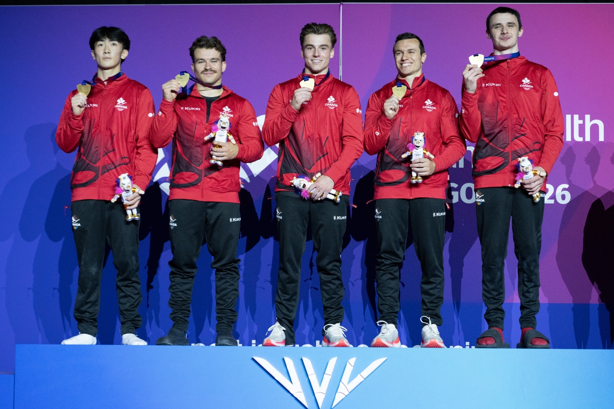 Canada Men's Gymnastics Team on the podium 