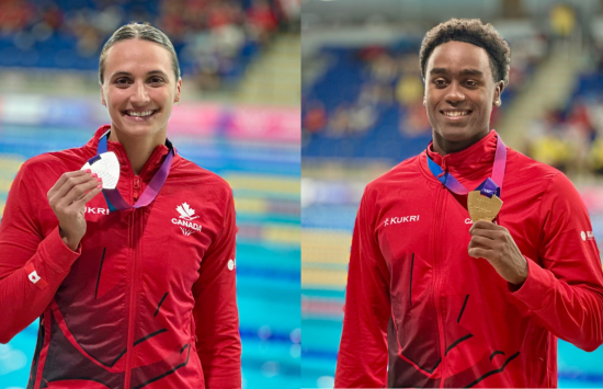 Josh Liendo and Kylie Masse with their Gold and Silver medals