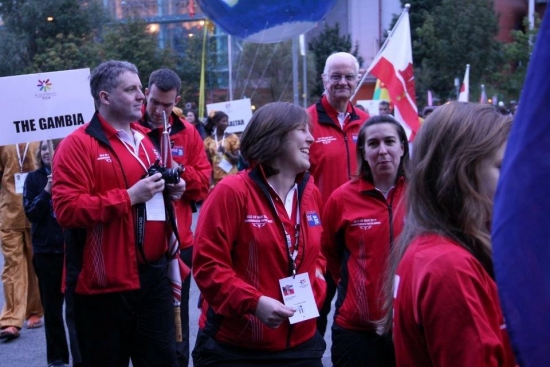 Natalie Brett (centre) with the Falkland Islands team in Isle of Man